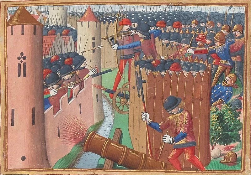 Figure 4: Detail depicting the Siege of Orléans in 1428 – note the presence of a cannon in the front-centre of the image. Les Vigiles de Charles VII, c. 1484. Bibliothèque nationale de France, Français 5054, folio 53r.